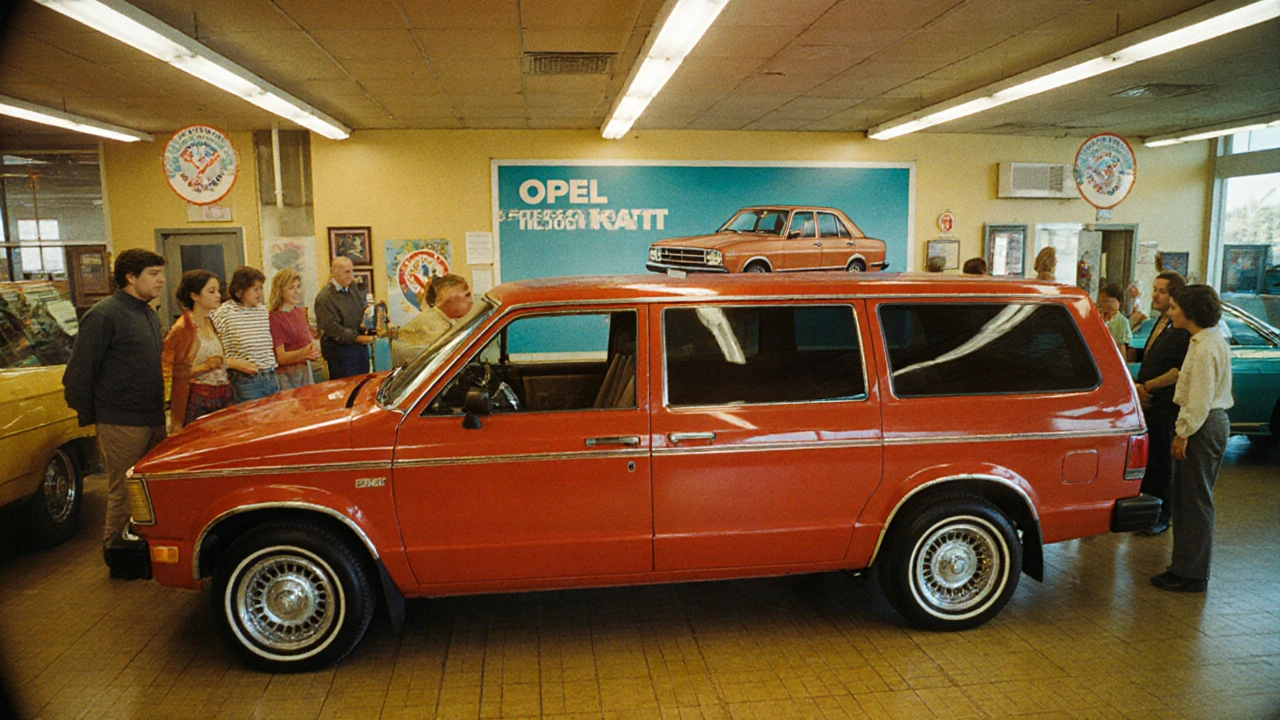 Americký autosalón v 80. letech s červeným Chrysler minivanem a plakátem s Opel Kadett s čipem Chrysler.