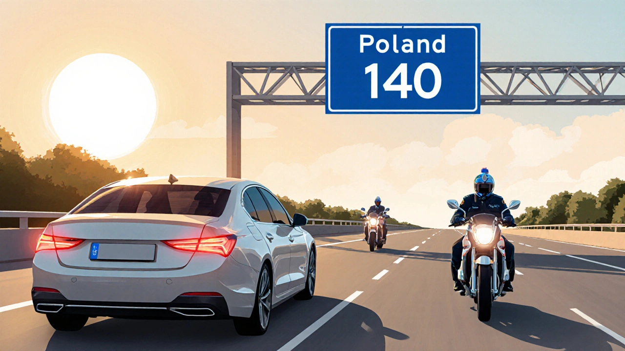 Auto na polské dálnici s rozsvícenými světly, rychlostním omezením 140 km/h a policistou s dechovým testem.