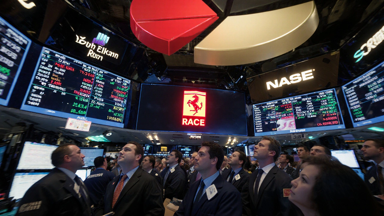 Burzovní hala NYSE s blikajícím červeným logem Ferrari a davem investorů pod světly.