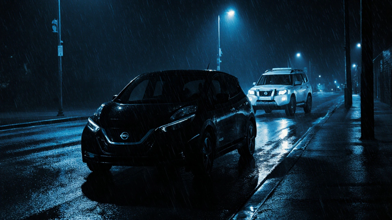 Černé Nissan Leaf ve tmavé dešťové noci, těžko rozpoznatelné na silnici.