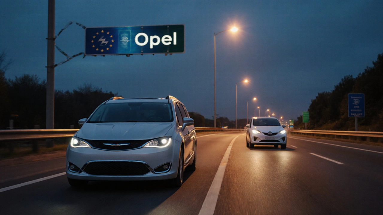 Chrysler Pacifica a Opel Corsa Electric jedou po silnici, symbolizující jejich společný původ a odlišné cesty.