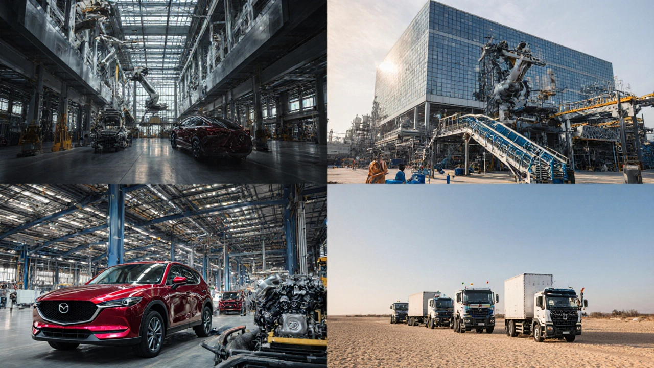 Čtyři moderní výrobní závody Mazdy v Japonsku, Koreji a Mexiku, ukázka montážních linek.