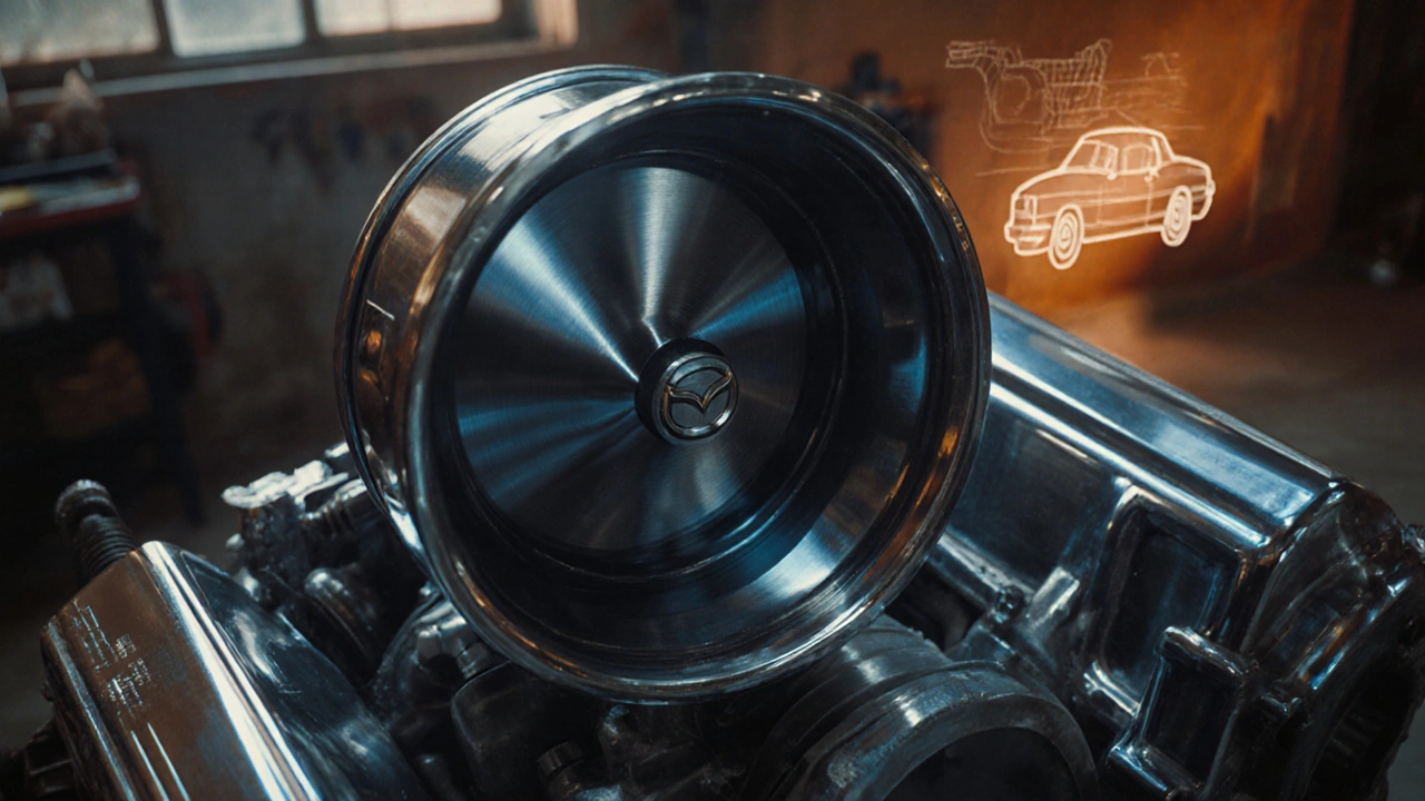 Detailní fotorealistický záběr na rotující Mazda Wankel motor s odlesky.