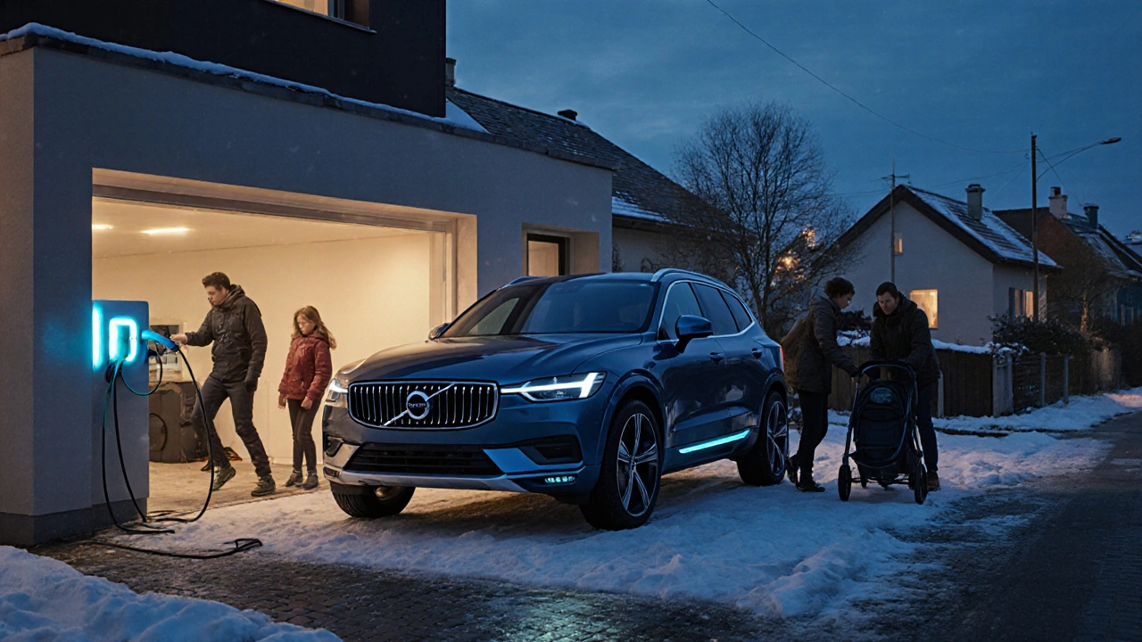 Elektro‑XC60 nabíjený před domem v podvečerním Pražském předměstí, rodina připravuje kočárek.