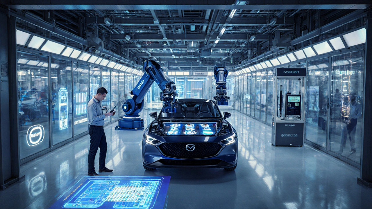 Futuristická továrna vyrábějící elektrické modely Mazda s roboty a bateriovými moduly.