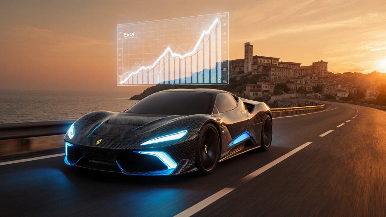 Futuristické elektrické Ferrari na italské pobřežní silnici při západu slunce, s holografickým růstem.