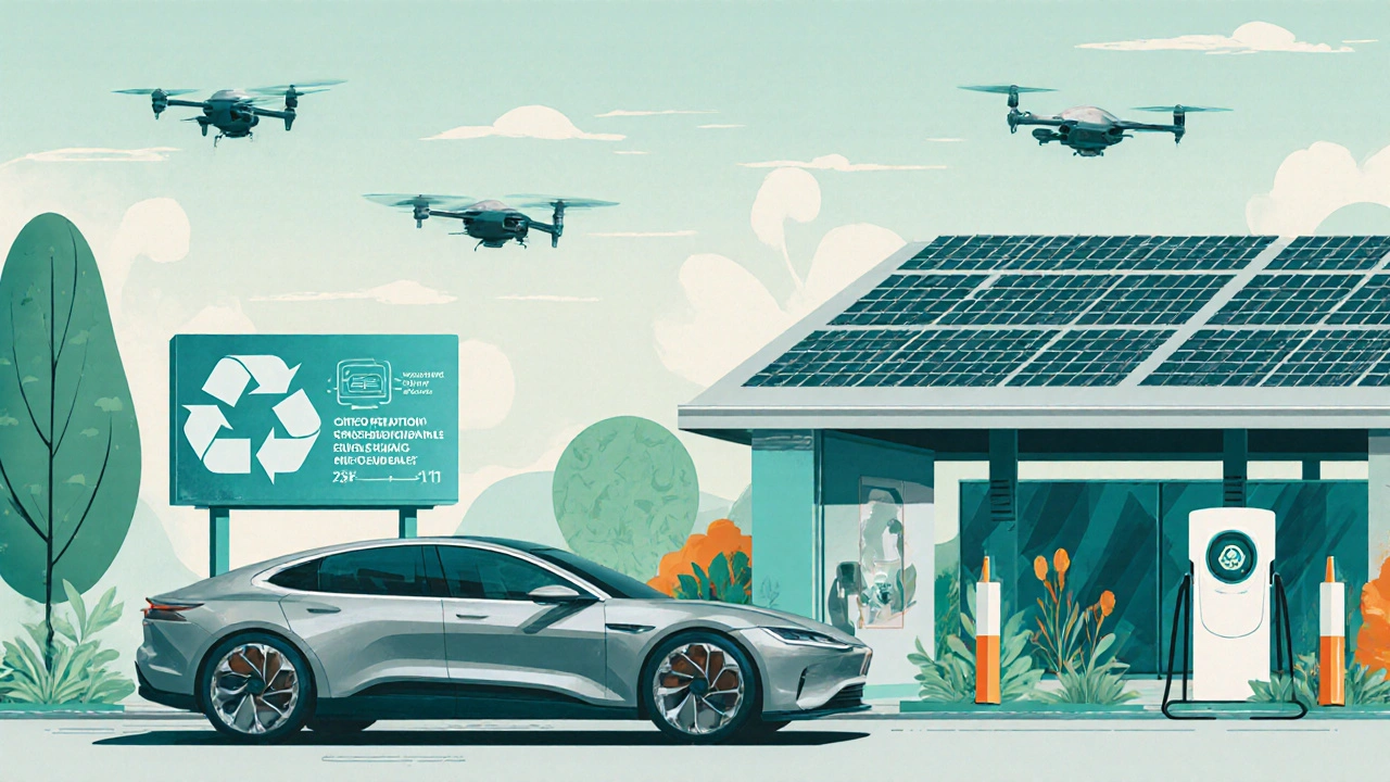 Futuristické elektroauto u udržitelné nabíjecí stanice s ekologickým prostředím.