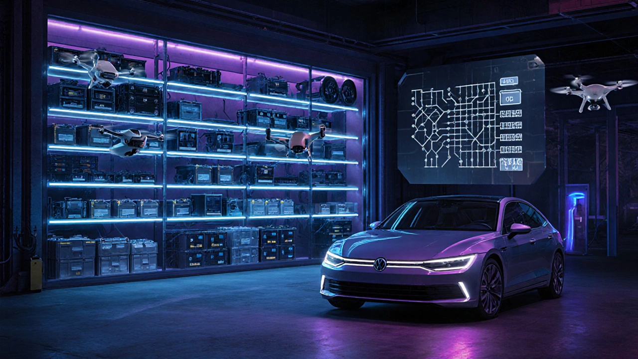 Futuristické skladiště s drony, hologramy a elektrickým Volkswagenem, naznačující blockchain.