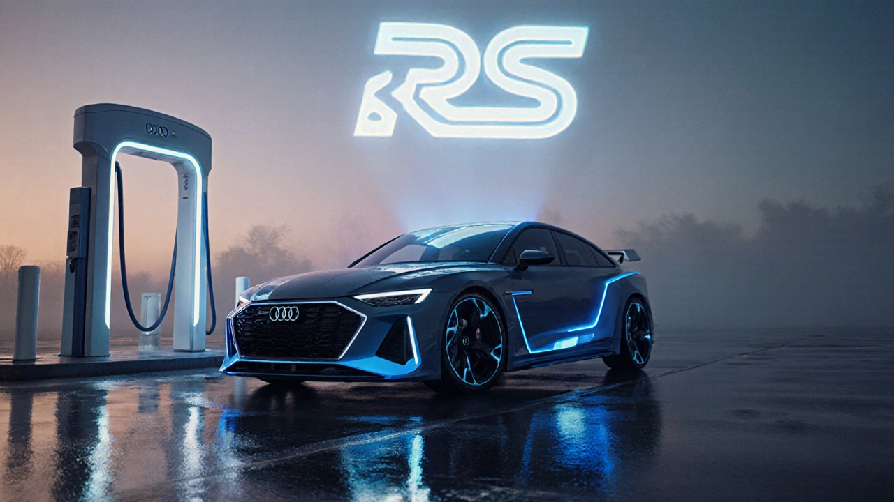 Futuristický Audi RS e‑tronic u nabíjecí stanice s modrými akcenty při soumraku.