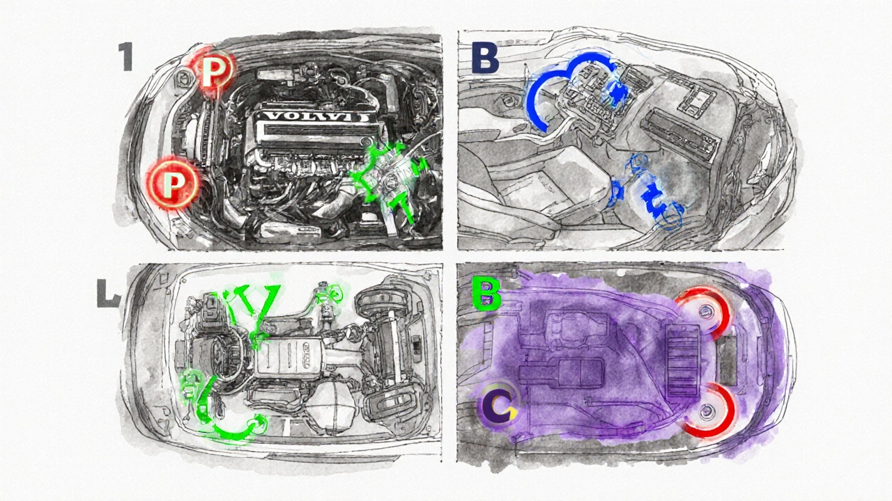 Ilustrace vozu ukazující kategorie chybových kódů P, B, C a U.