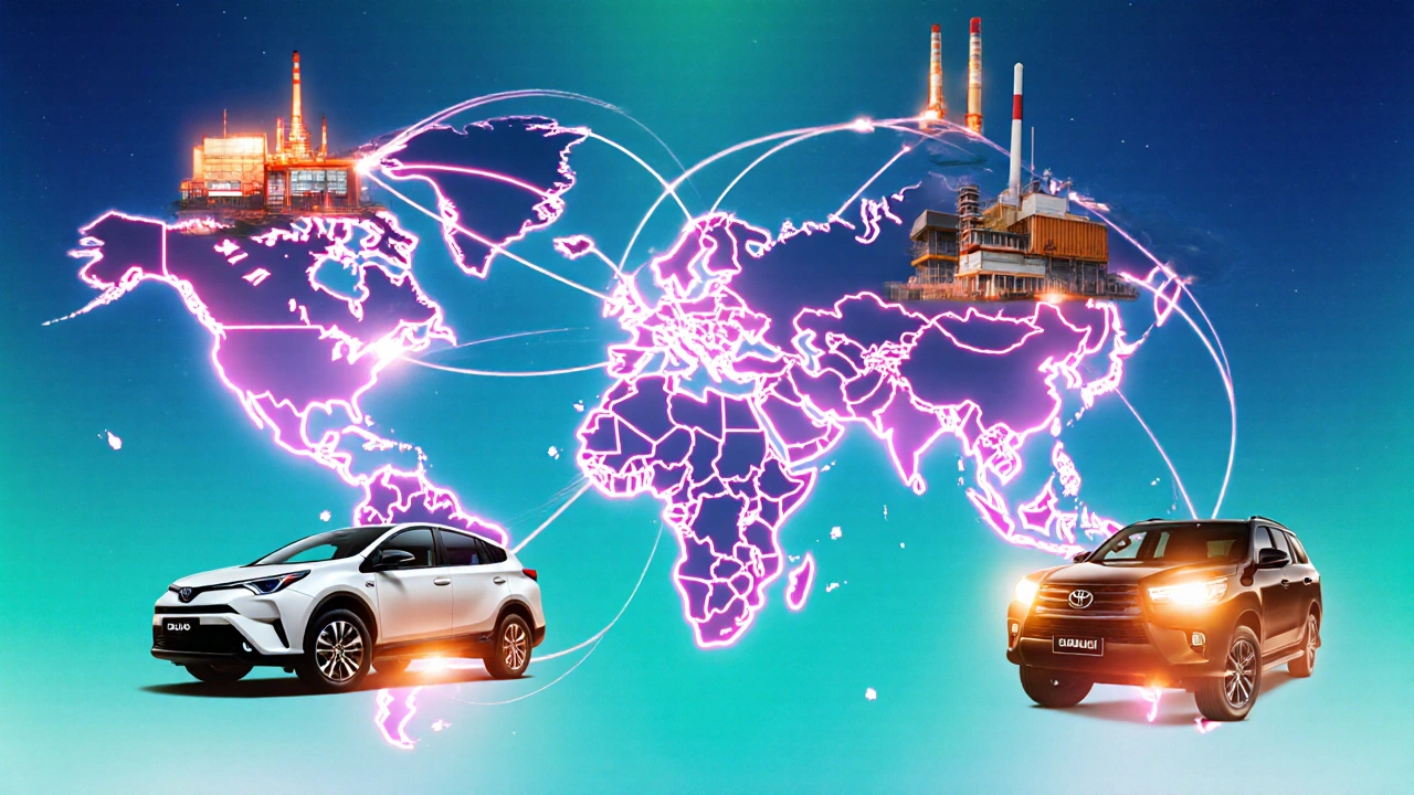 Mapa světa s propojenými továrnami Toyoty a vyobrazenými vozy.