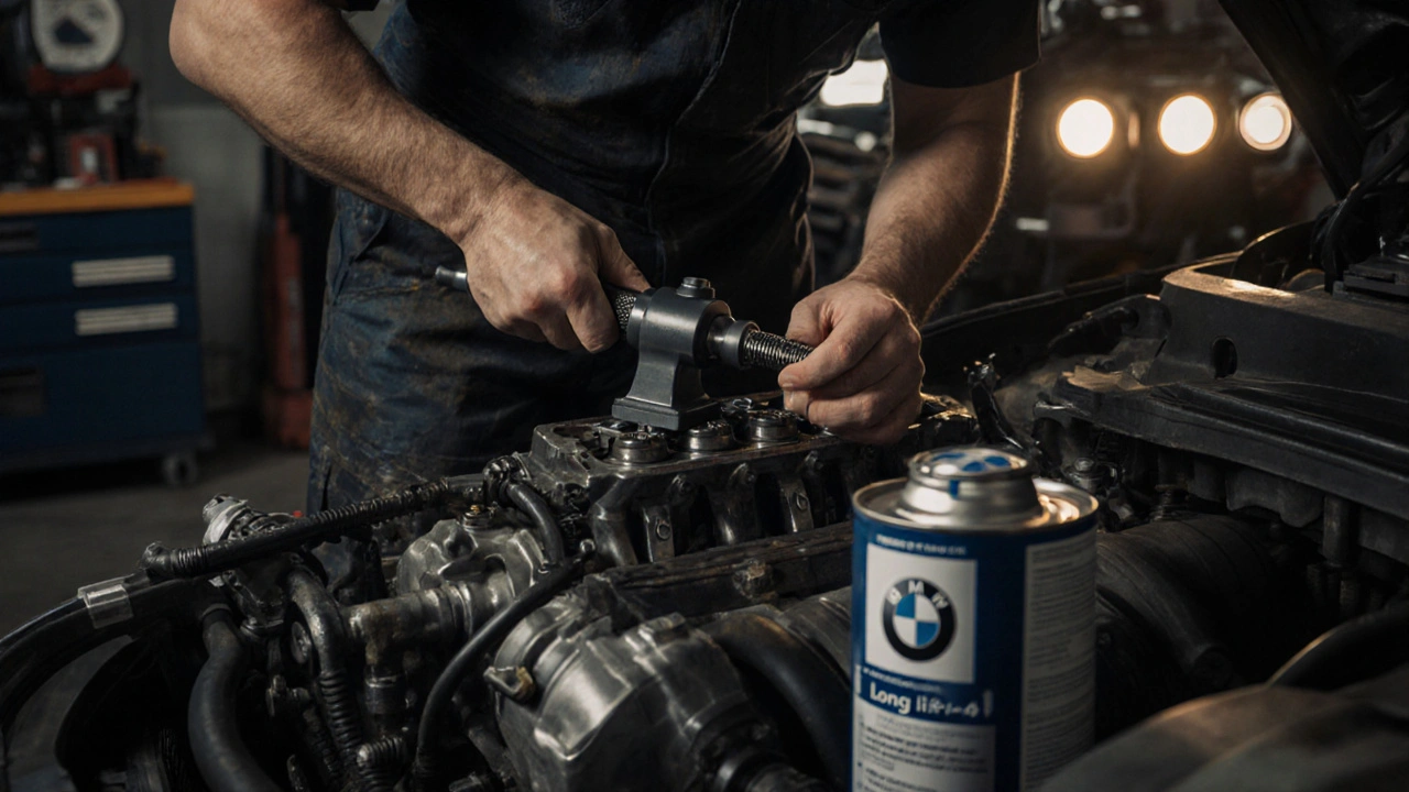 Mechanik nastavuje časování klapky na motoru BMW M54 s použitím speciálního nástroje.