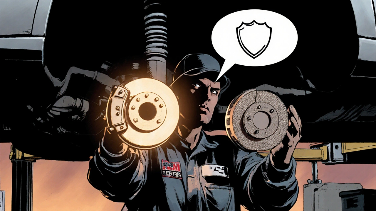 Mechanik porovnává OEM a aftermarket brzdové destičky na výtahovém stojanu.