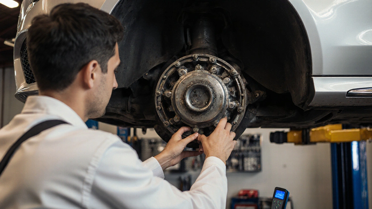 Mechanik v dílně kontroluje centrální diferenciál Mercedesu, s otevřenou nádobou na olej a čistými senzory.