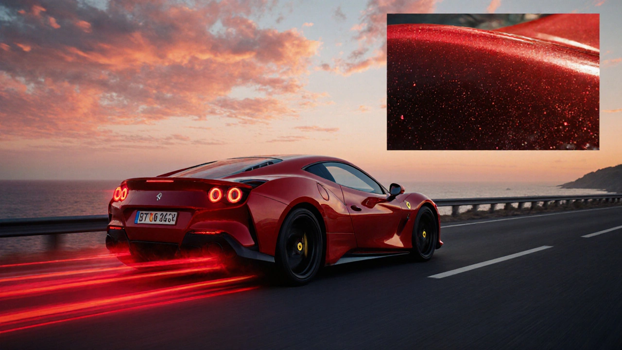 Moderní červený Ferrari na pobřežní silnici při západu slunce, se světelnými pruhy.
