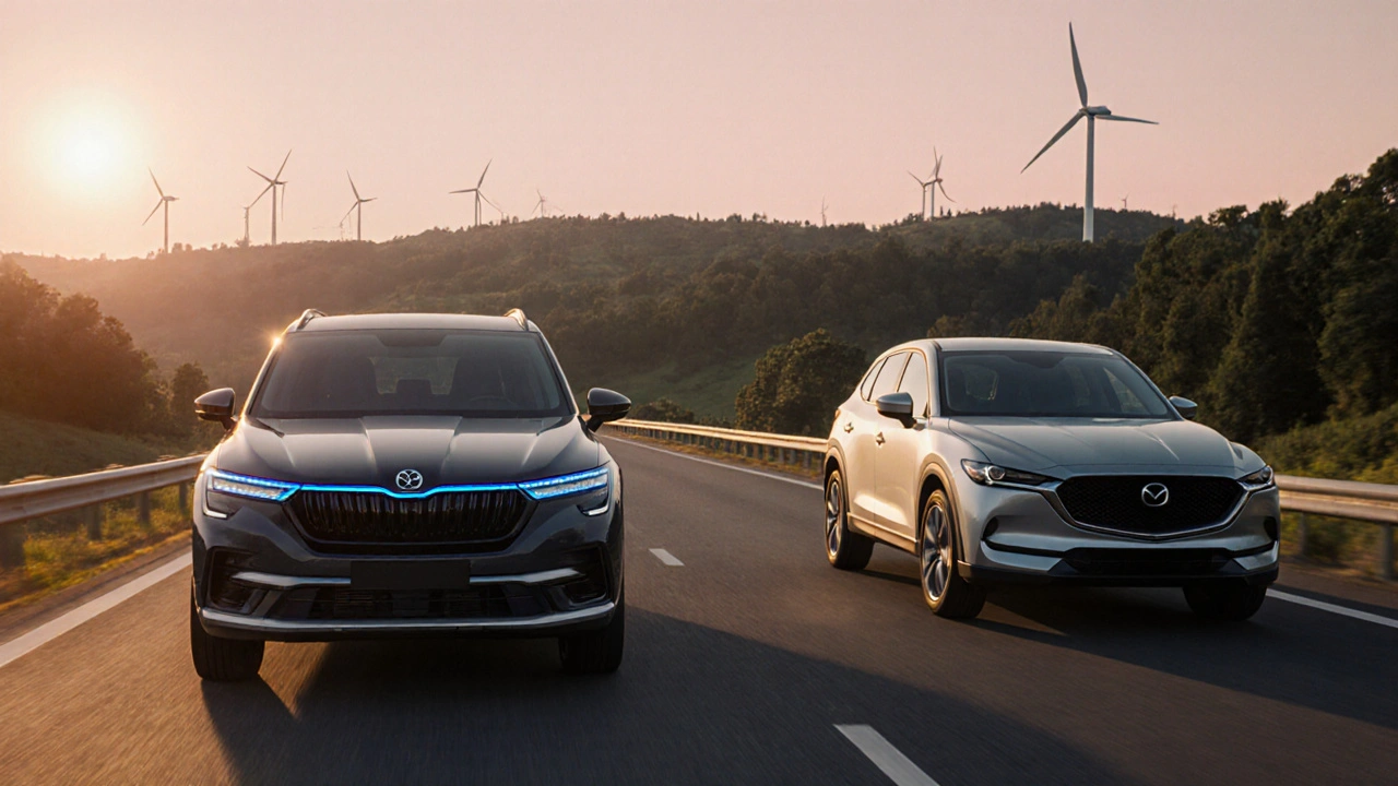 Moderní dálnice se Škoda Enyaq iV a Mazda CX‑5 při východu slunce.