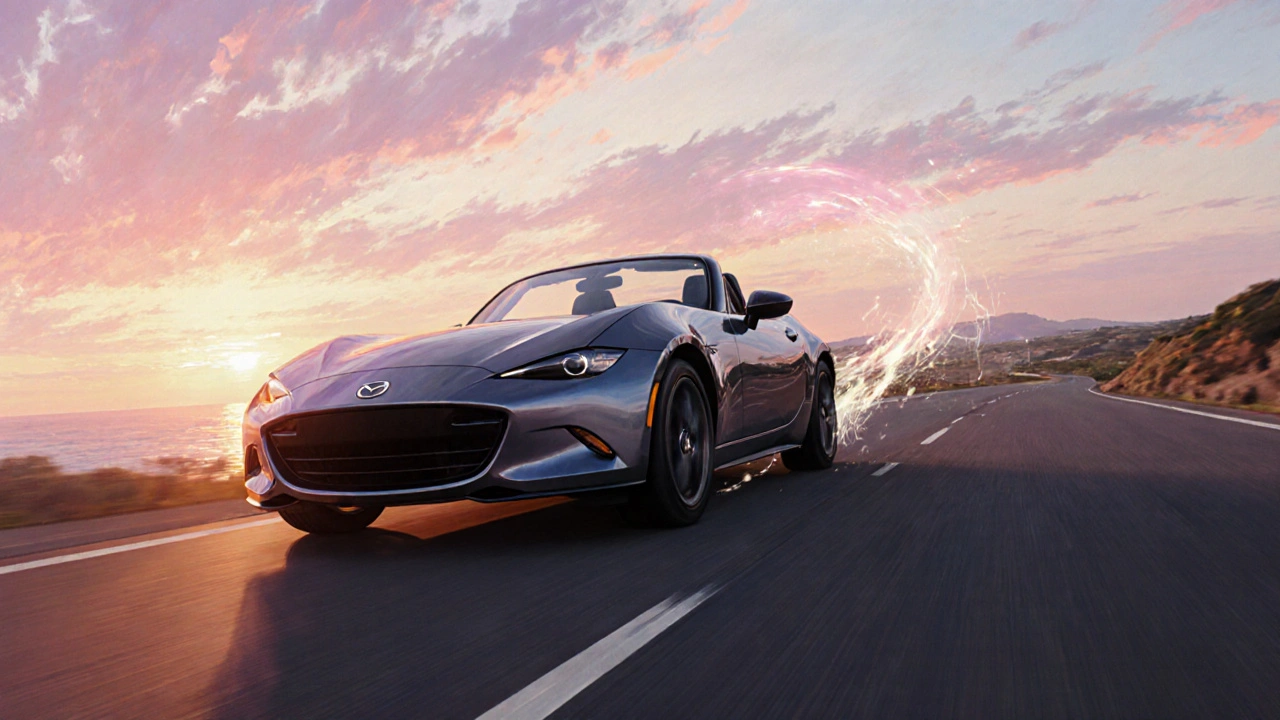 Moderní Mazda MX‑5 na silnici při východu slunce, dynamický pohyb a světelné paprsky.