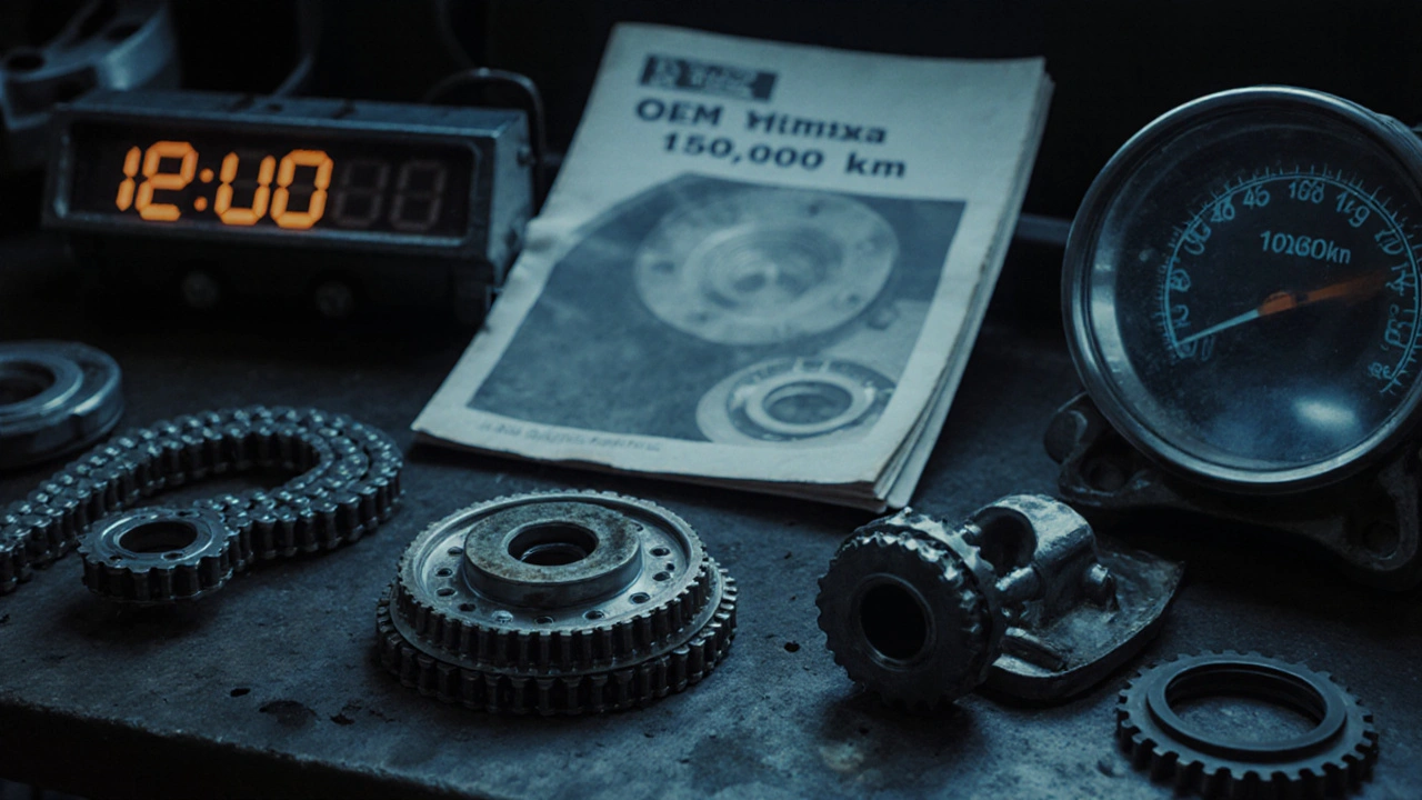 Opotřebovaný a nový rozvodový řetěz spolu s dalšími součástmi na pracovním stole.