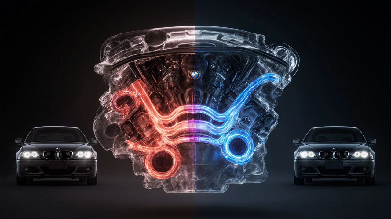 Průhledný motor BMW s porovnáním čistého a zablokovaného toku oleje v systému VANOS.