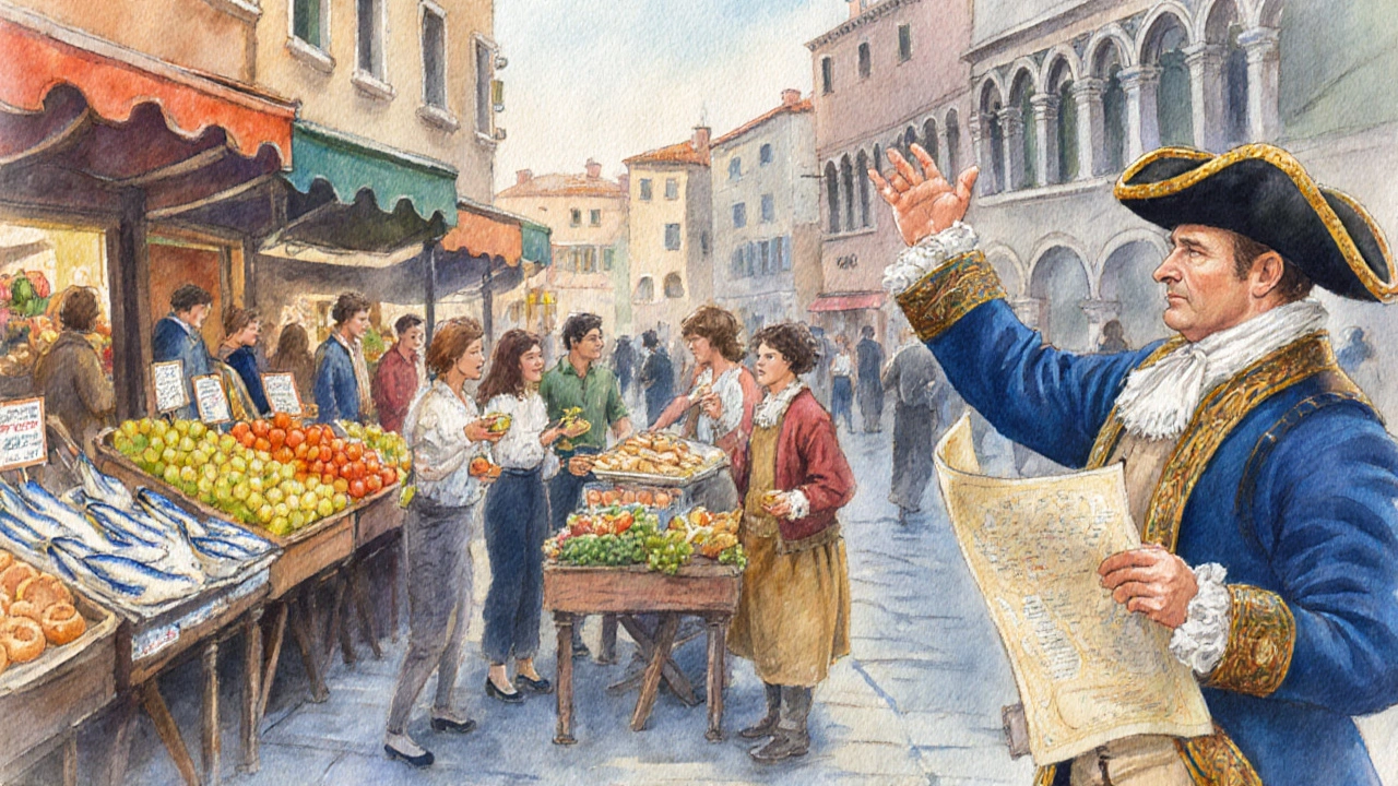 Ranní trh na Rialtu s prodavačem, turisty a postavou v historickém kostýmu nabízející neoficiální prohlídku.