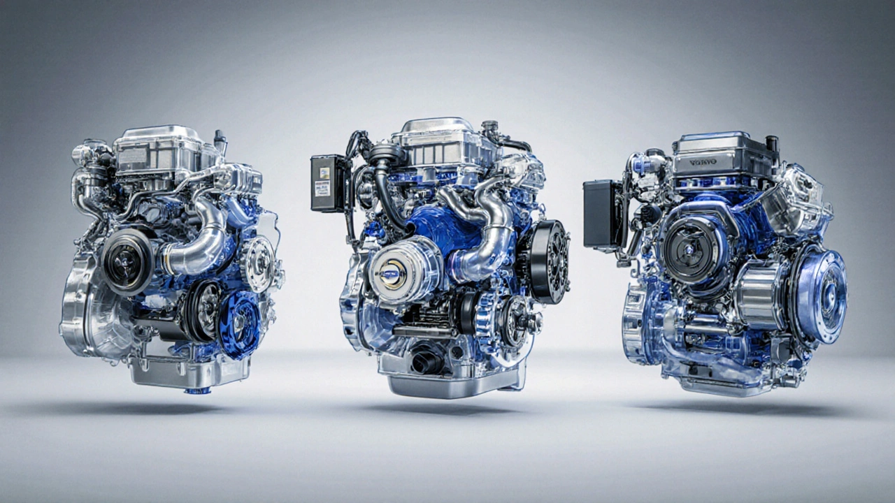 Řezová ilustrace tří variant motorů XC60: benzín, mild‑hybrid a plug‑in hybrid.
