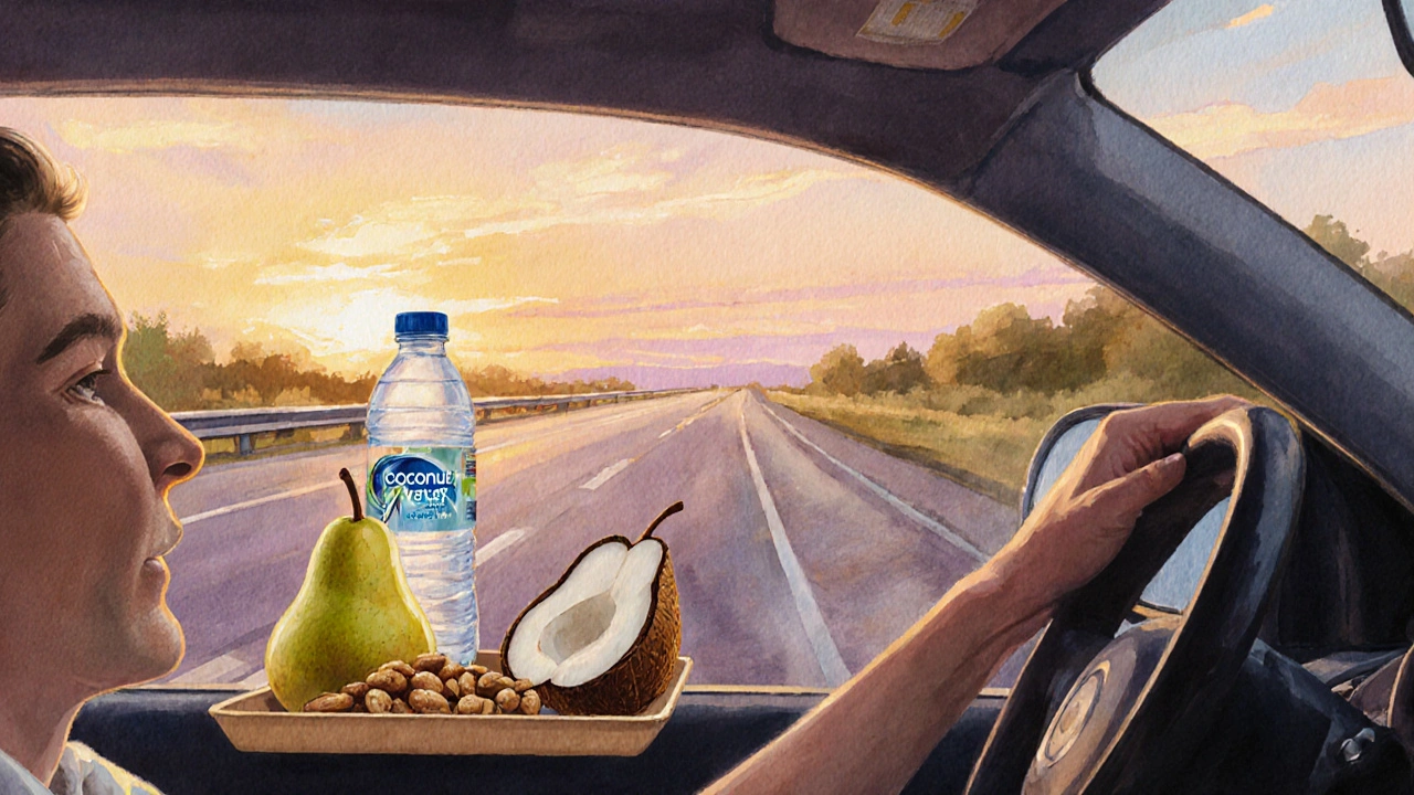 Řidič na silnici s naplánovanými zdravými snacky na palubní desce.