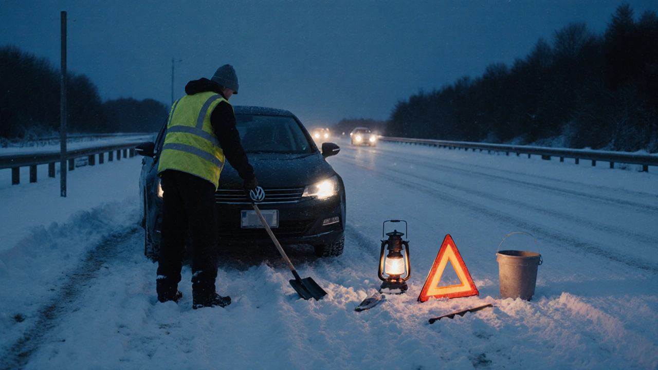 Řidič v odrazové vestě umisťuje výstražný trojúhelník na sněžné dálnici večer, vedle auta jsou lopatka a kbelík.