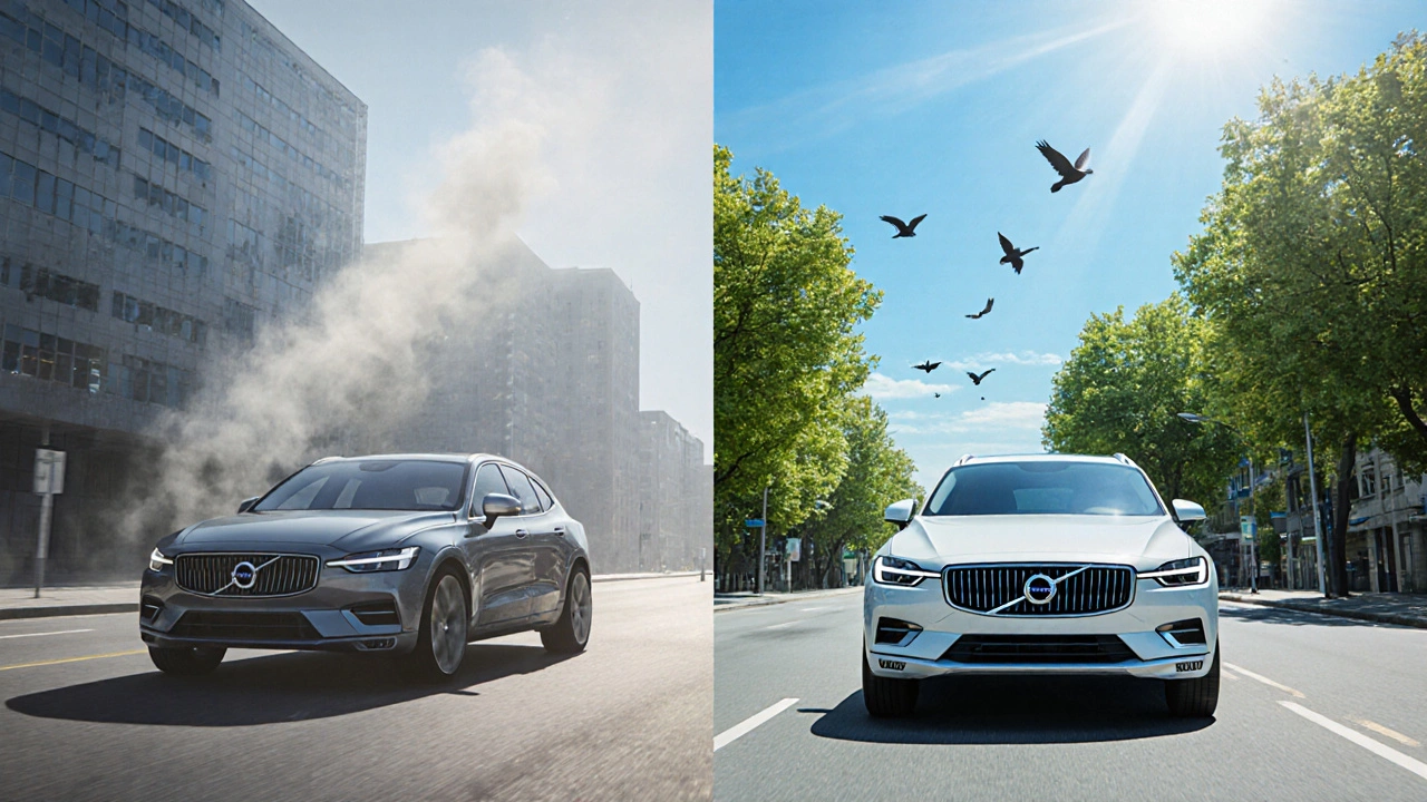 Rozdělená městská ulice ukazuje hybrid V60 s výfukem a plug‑in XC60 jedoucí tiše bez emisí.