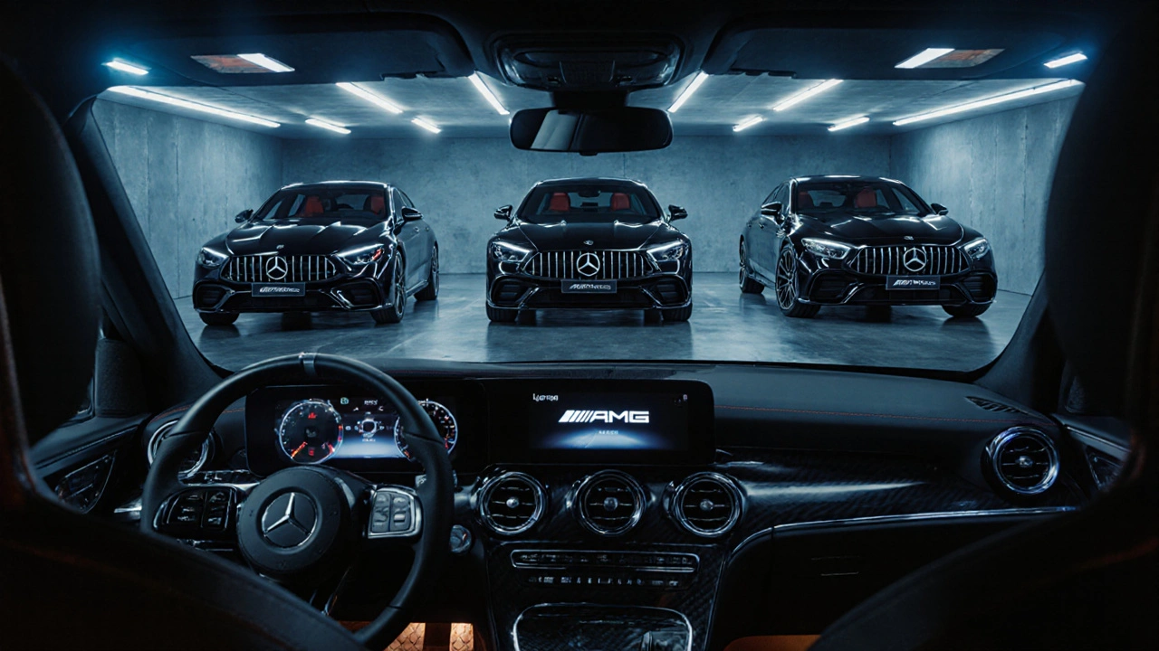 Skupina populárních modelů AMG vystavených v luxusní garáži.