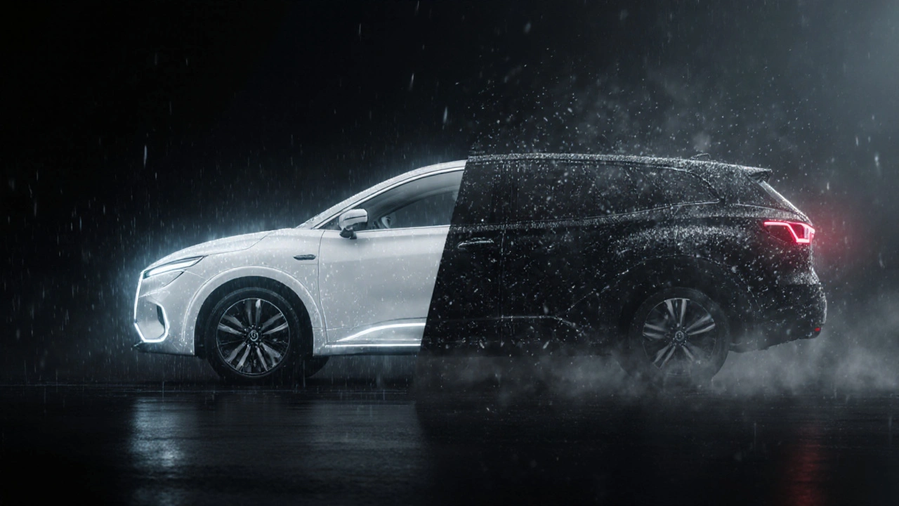 Srovnání detekce bílého a černého auta systémem Nissan ProPILOT v mlze.