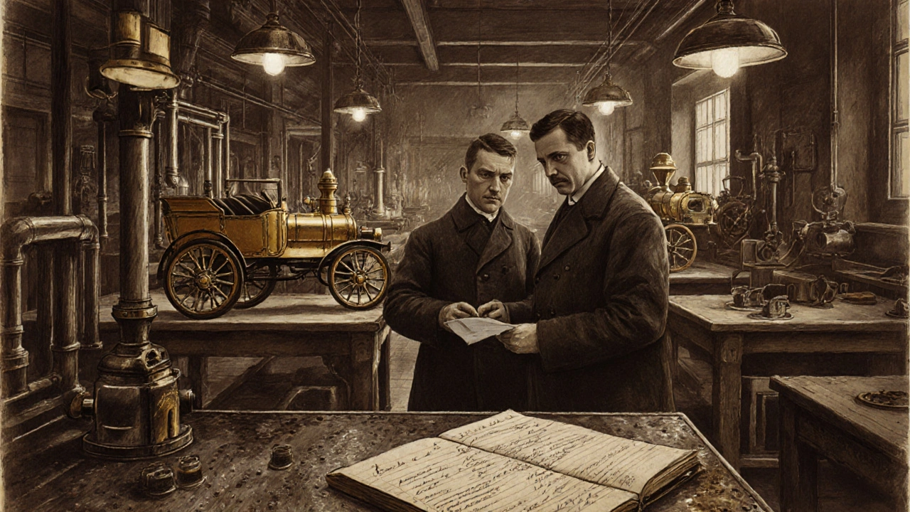 Starobylá dílna v Mladé Boleslavi s Škoda bratry u lokomotivy a prvního automobilu.