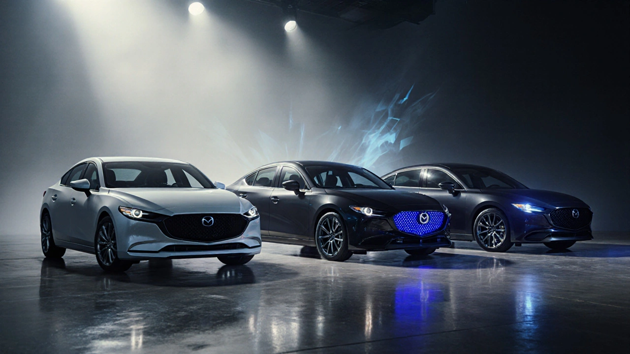 Tři verze Mazdy 6 – Classic, Exclusive a Sport – vedle sebe v showroomu.