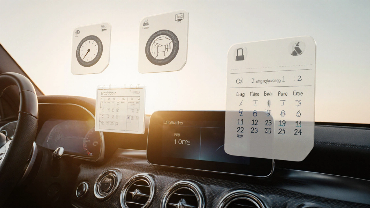 V interiéru auta se nad konzolí vznášejí ikony připomínek pro pravidelnou kontrolu bezpečnostních předmětů.