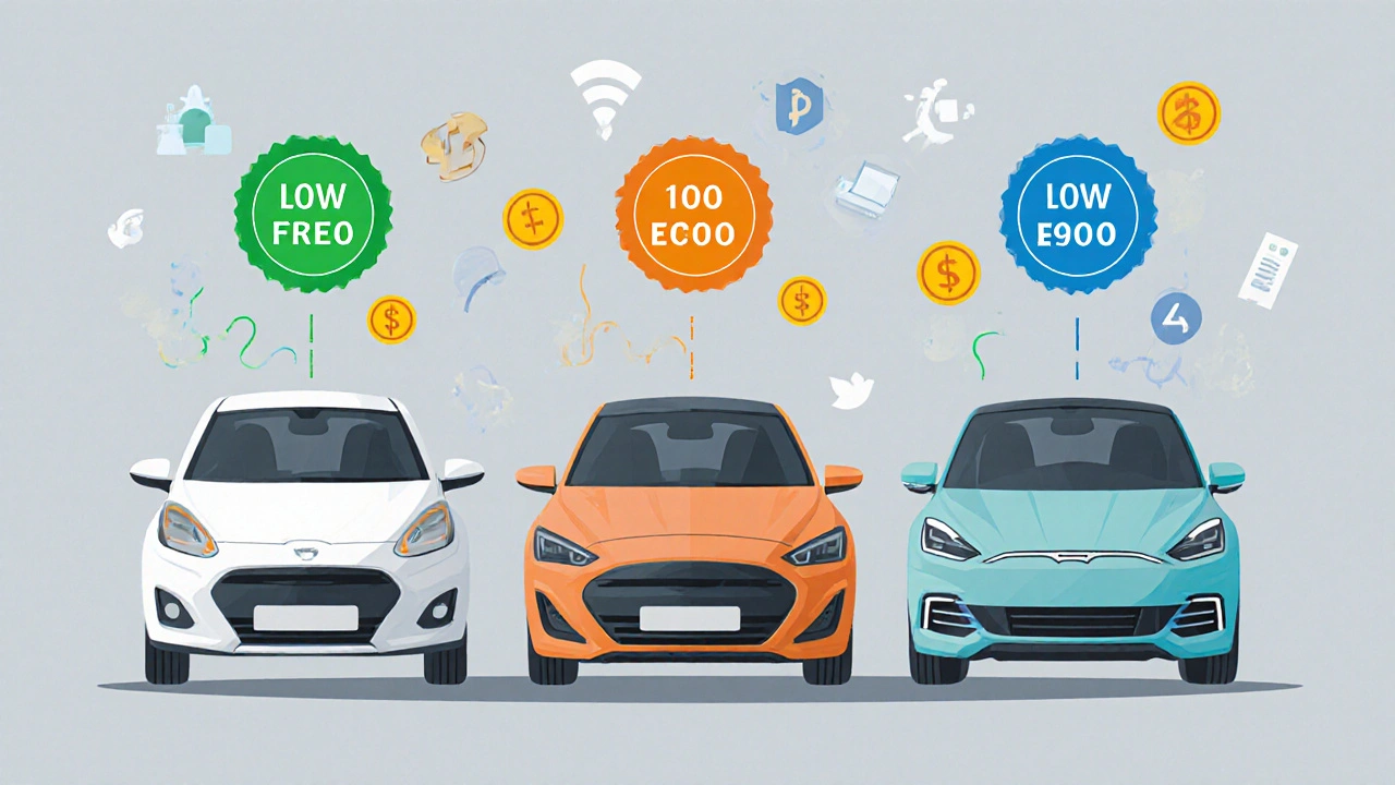 Vedle sebe stojí benzínové, dieselové a elektrické auto s ikonami poplatků.