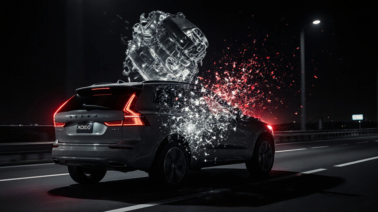 Volvo XC60 na dálnici s přerušeným rozvodovým řetězem uvnitř motoru.