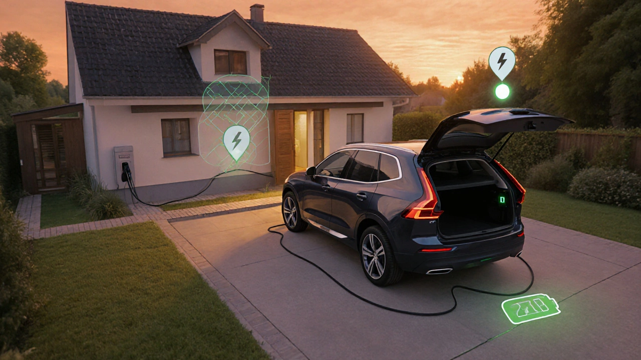 Volvo XC60 T8 nabíjející se u domácí nabíjecí stanice na českém předzahrádku při soumraku.