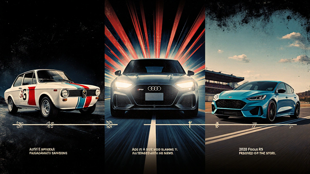 Vývoj RS modelů – Alfa Romeo Giulia Sprint, Audi RS3 a Ford Focus RS v jedné ilustraci.