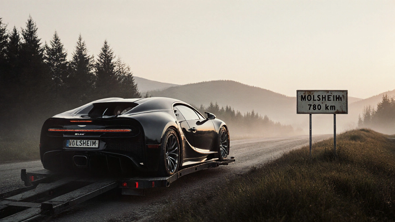 Bugatti Bolide přepravován na přívěsu českou krajinnou scénou v záři ranního světla.
