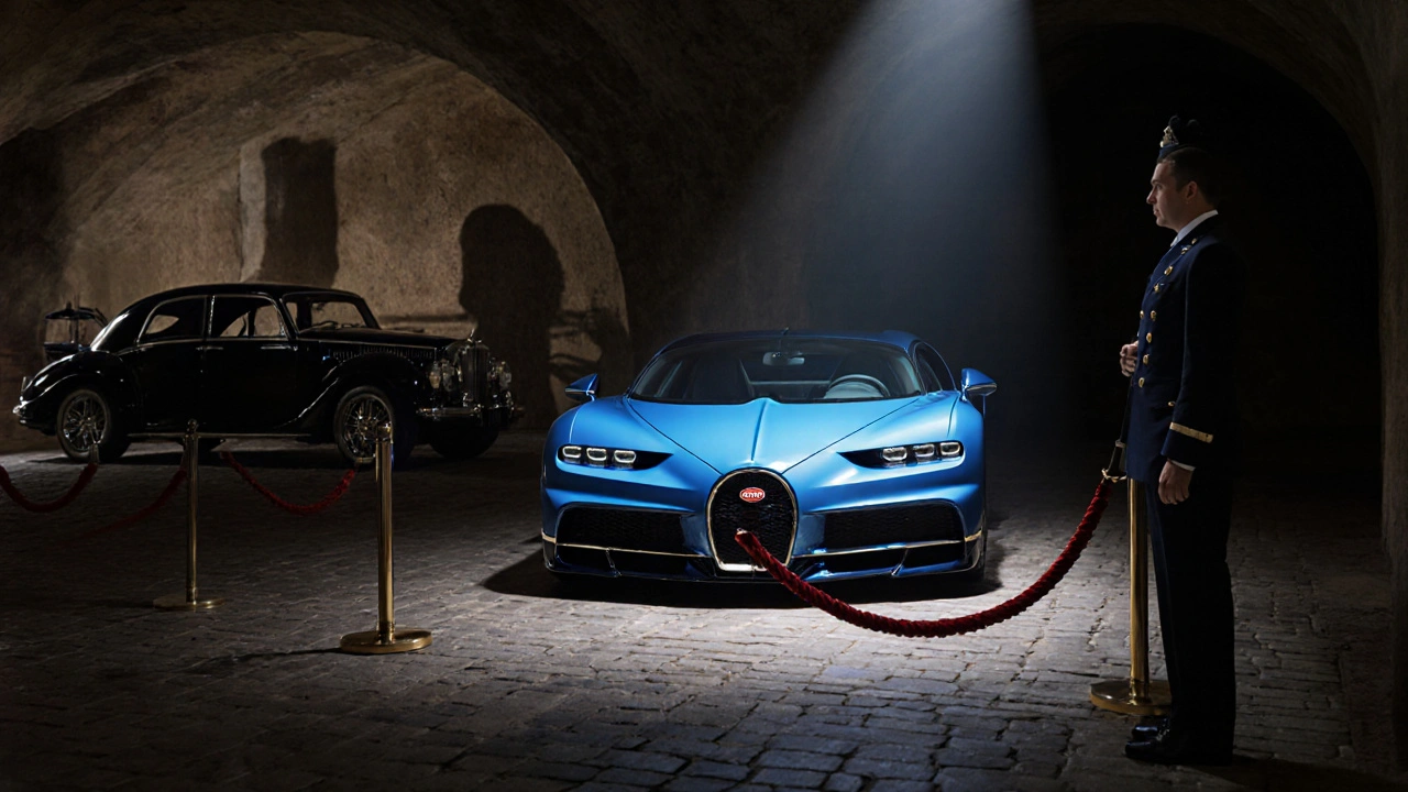 Bugatti Chiron vystavený v podzemním soukromém muzeu v Praze pod jedním světelným paprskem.