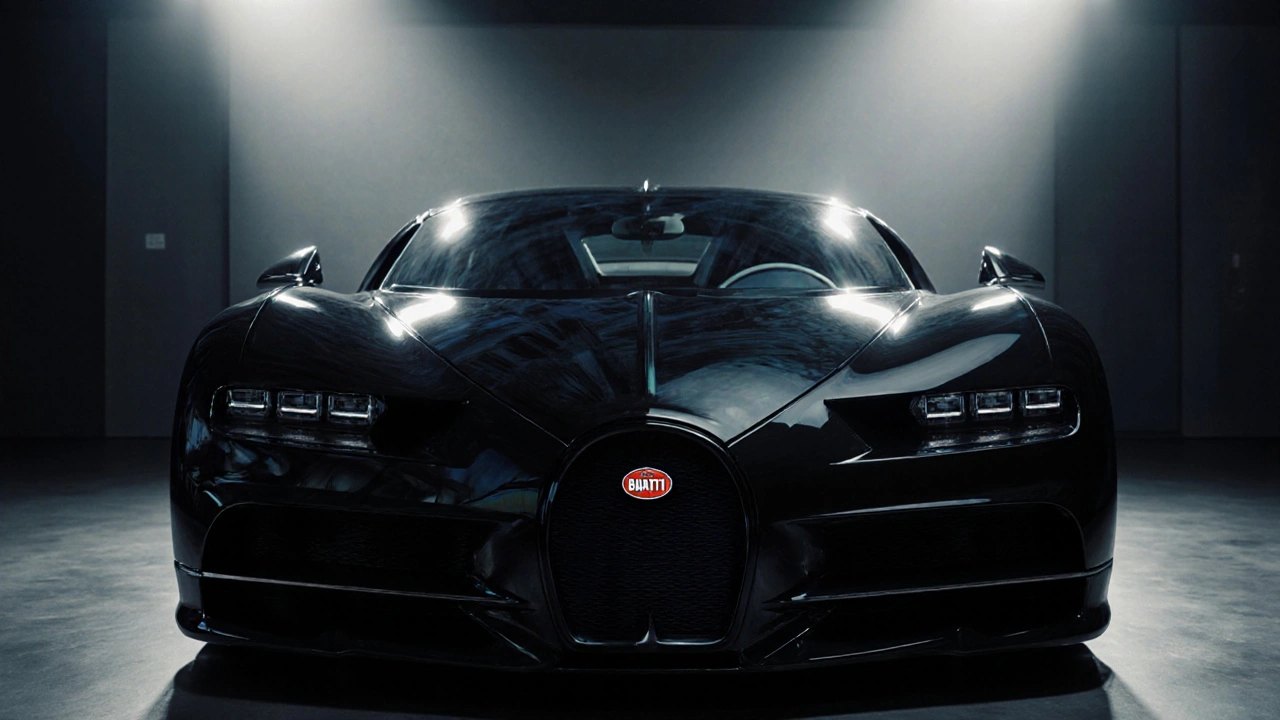 Bugatti La Voiture Noire v muzeu s odlesky jako z diamantu, černé karosérie pod světly.