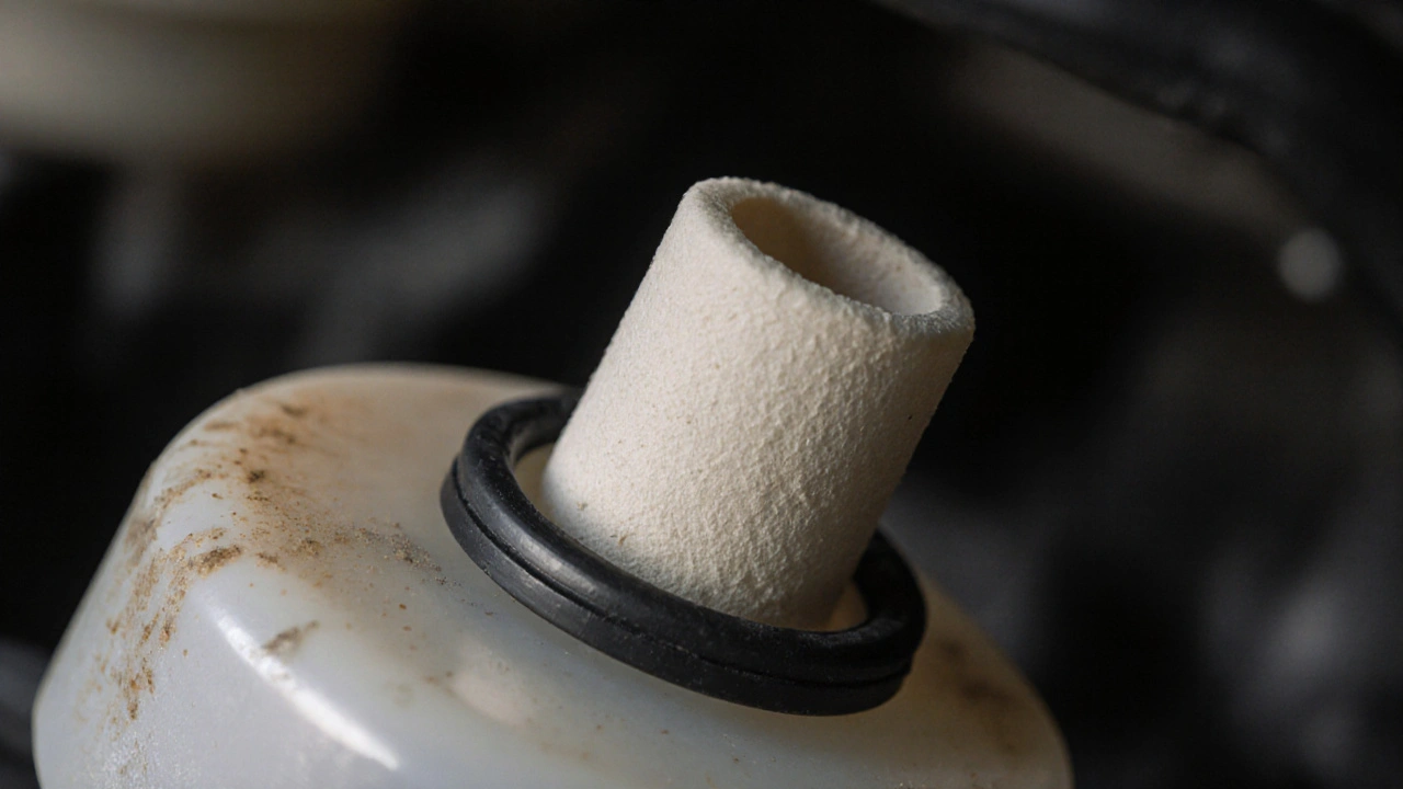 Detail palivového čerpadla s připojeným papírovým filtrem a gumovým těsněním.