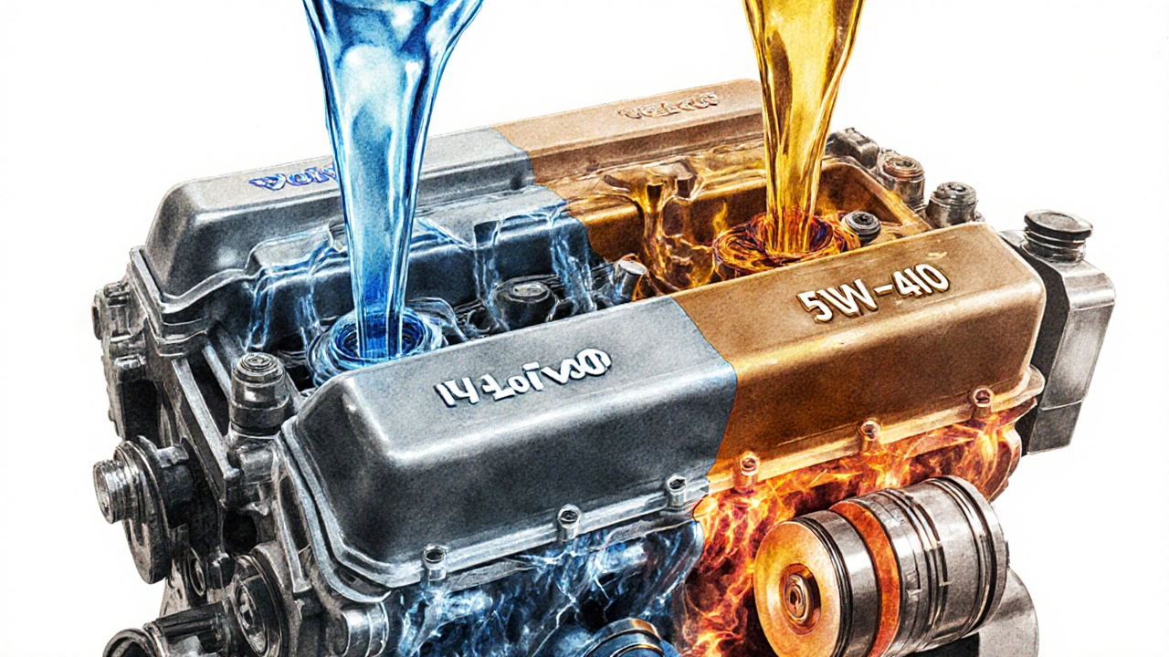 Dvě proužky oleje vstupují do motoru: tenký modrý 5W30 a hustší žlutý 5W40, v průřezu motoru.