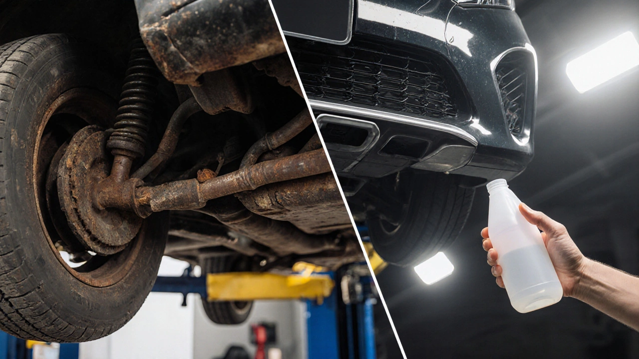 Dvě strany podvozku Mercedesu: levá strana s korozi, pravá strana po úpravě proti korozi.