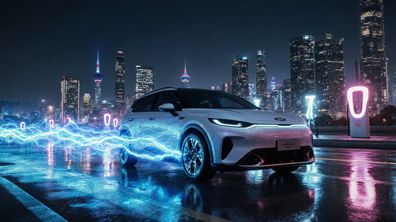 Elektrické Kia EV6 proletí nočním evropským městem s elektrickými stopami.