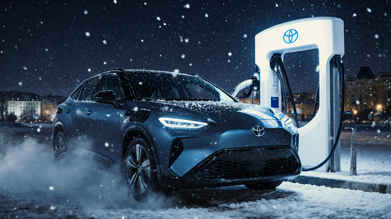 Elektrické Toyota bZ4X se nabíjí na zimní nabíjecí stanici v Brně.