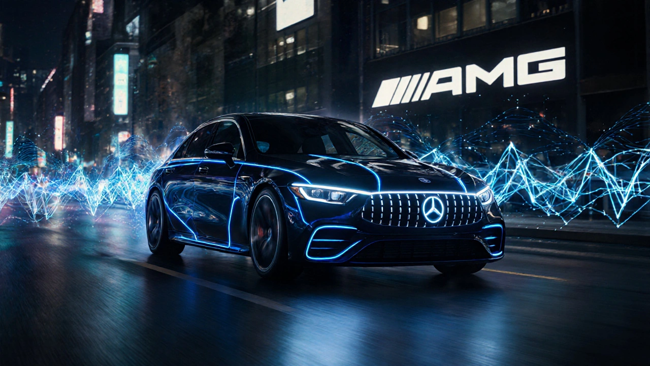 Elektrický Mercedes-AMG EQE S 63 jede nočním městem s digitálním zvukovým efektem.