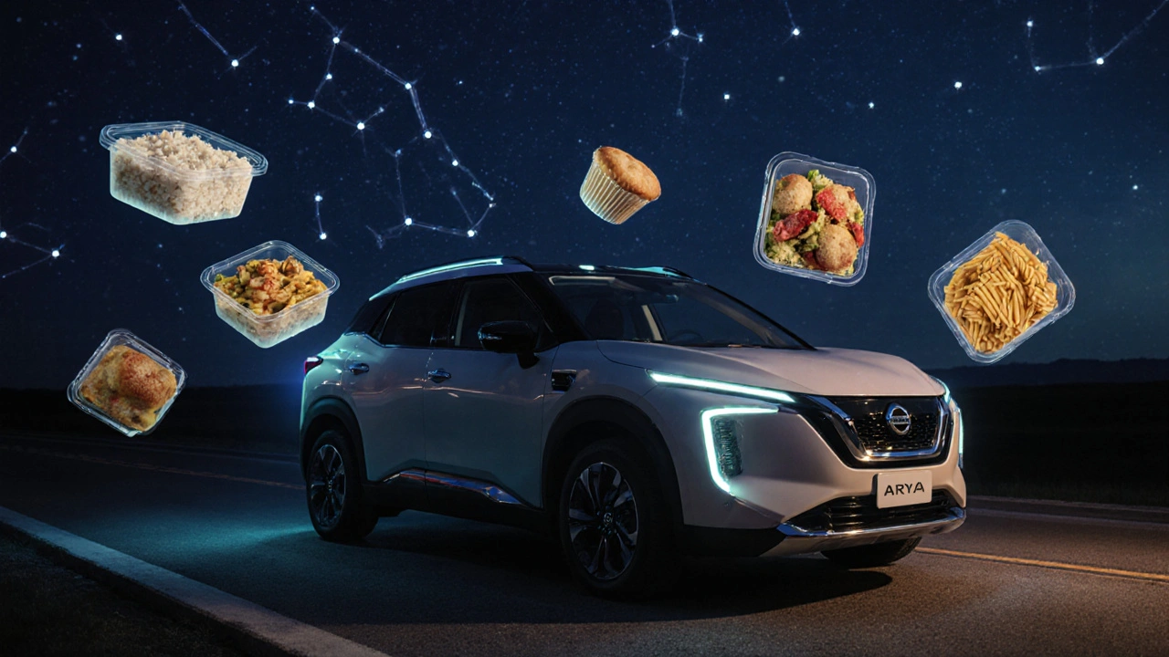 Elektrický Nissan Ariya s teplícím zařízením a jídlem ve vzduchu na cestě.