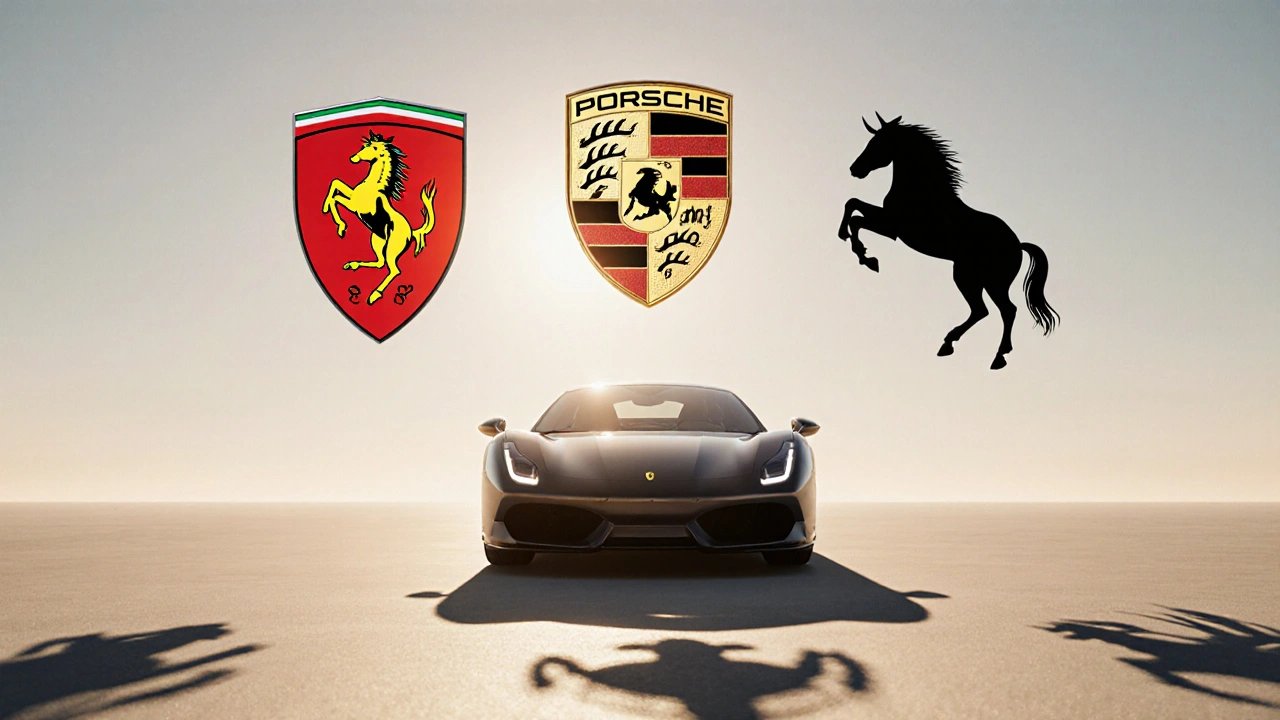 Emblémy Ferrari, Porsche a Lamborghini vedle Nissanu bez zvířete, stíny tvaru koní na zemi.