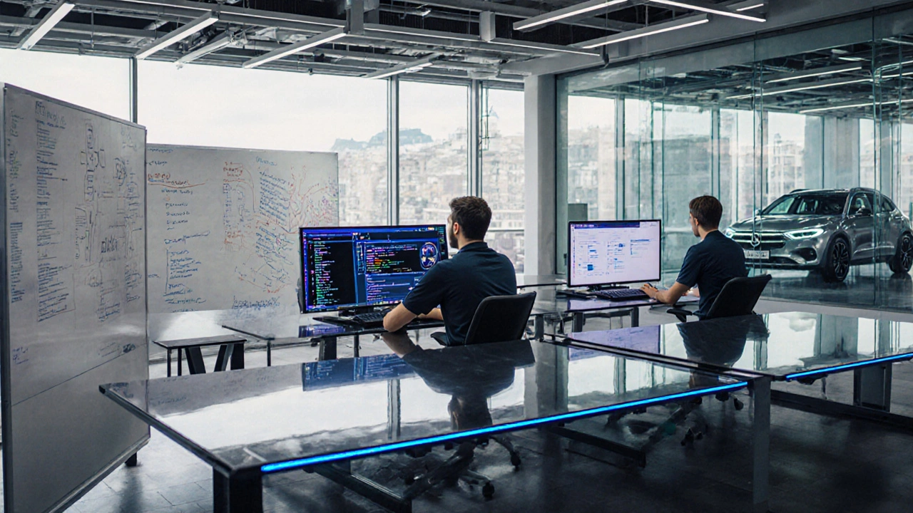 Engineers in Prague working on MB.OS software with screens showing car interfaces and EQS prototype visible.