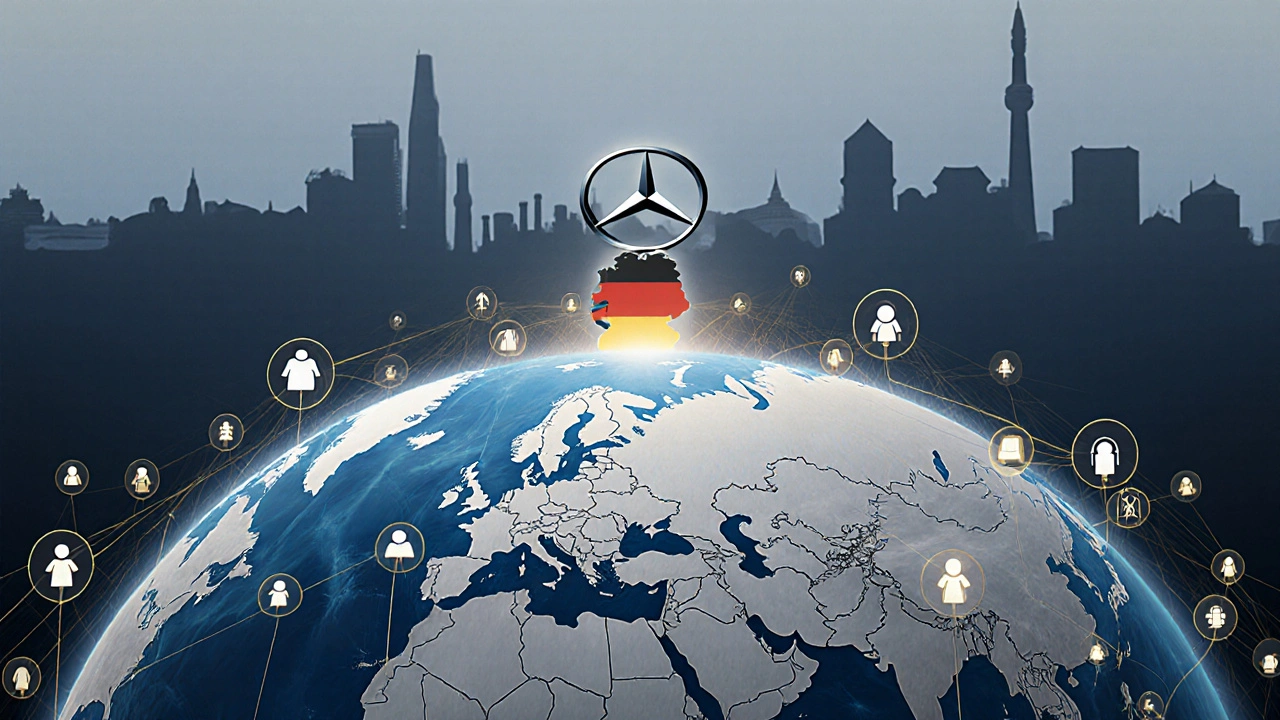 Globe connected by golden threads to investors worldwide, with Mercedes-Benz logo above Germany.